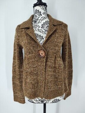 Kenji Women's Button-Front Brown Knit Cardigan with Notch Collar Size Medium